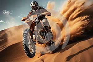 Desert adrenaline Motocross rider conquers dunes, soaring in extreme jumps