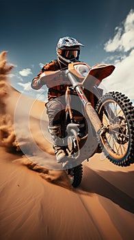 Desert adrenaline Motocross rider conquers dunes, soaring in extreme jumps