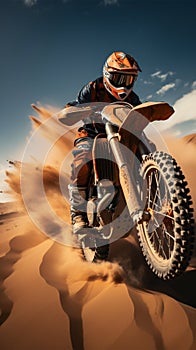 Desert adrenaline Motocross rider conquers dunes, soaring in extreme jumps