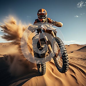 Desert adrenaline Motocross rider conquers dunes, soaring in extreme jumps