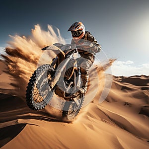 Desert adrenaline Motocross rider conquers dunes, soaring in extreme jumps