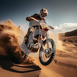 Desert adrenaline Motocross rider conquers dunes, soaring in extreme jumps