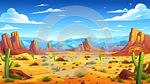 A desert of Africa or Arizona Wild West natural landscape. Cartoon panoramic background, yellow sand, cacti, rocks under