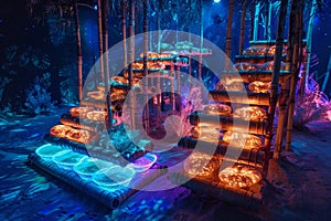 Desert amphitheater under a cyclone, showcasing a multiverse of bioluminescent artifacts displayed on bamboo racks