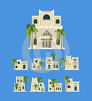 Desert arabic buildings. Egypt antique old traditional houses brick architectural objects old homes vector