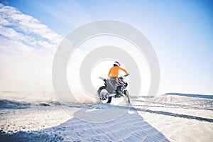 Desert, back and man on motorbike outdoor to race, adventure or travel for extreme sport on mockup space. Off road, sand