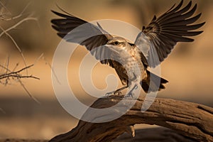 desert bird landing on dry tree branch
