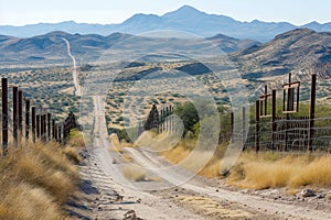 Desert border landscape with fence and dirt road