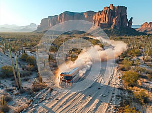 Desert bus breakdown: A colorful bus struggles through the vast desert, leaving a trail of smoke in its wake.