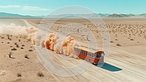 Desert bus breakdown: A colorful bus struggles through the vast desert, leaving a trail of smoke in its wake.