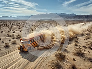 Desert bus breakdown: A colorful bus struggles through the vast desert, leaving a trail of smoke in its wake.