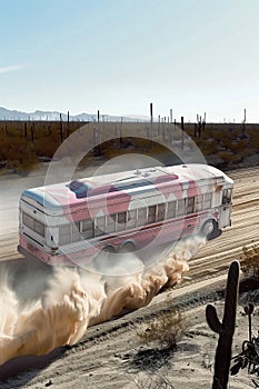 Desert bus breakdown: A colorful bus struggles through the vast desert, leaving a trail of smoke in its wake.