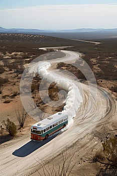 Desert bus breakdown: A colorful bus struggles through the vast desert, leaving a trail of smoke in its wake.