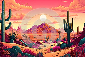 Desert with cacti. Landscape of the wild west. Neural network AI generated