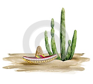 Desert cactus Saguaro and sombrero hat laying on sand watercolor illustration. Mexican nature scene landscape photo