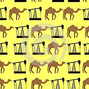 Desert camels and oil pumps seamless pattern. Vector background