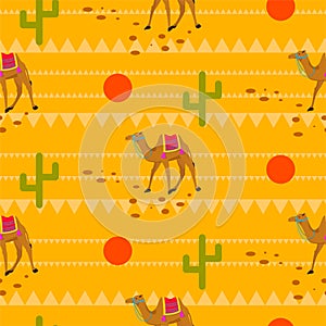 Desert camels in sands seamless pattern.