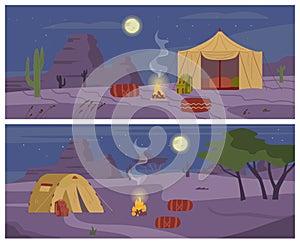 Desert camping night time landscape backdrops set, flat vector illustration.