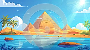 Desert cartoon modern background depicting an oasis in Egypt with Nile water and a calm lake along the Sahara desert