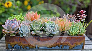 Desert Chic: Rectangular Succulent Planter with Cactus and Succulent Arrangement