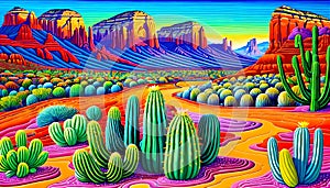 Desert cliff simple drawing cactus vegetation color country
