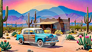 Desert country home old car colorful desert sunset