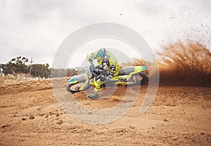 Desert, dirt and motorbike cycling for sports, agile driving and off road adventure with speed, power and mockup space