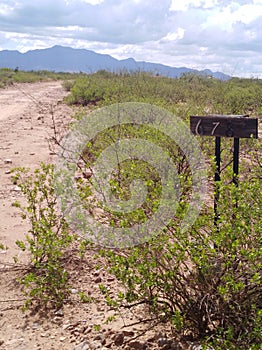 Desert dirt road cloudy blue sky