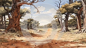 Desert Dirt Road: A Dappled Brushwork Illustration In Milo Manara Style