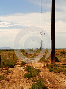 Desert dirt road by telephone poles