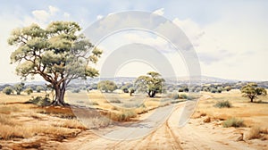 Desert Dirt Road: A Watercolor Painting Of An English Countryside Scene In The Australian Landscape