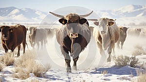 Desert Drifters. Herding Cows Amidst Winter\'s Frosty Dance. Generative AI