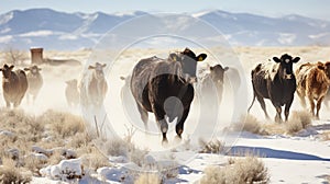 Desert Drifters. Herding Cows Amidst Winter's Frosty Dance. Generative AI
