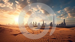 Desert in dubai city background united arab emirates beautiful sky in the morning sunrise. Generative Ai