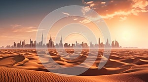 Desert in dubai city background united arab emirates beautiful sky in the morning sunrise. Generative Ai