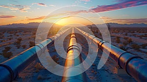 Desert Duet: Twin Pipelines at Sunset. Concept Landscape Photography, Industrial Structures, Sunset