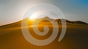 Desert dunes caravan at sunset