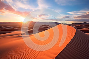 Desert dunes at sunset with vivid sky and shadows