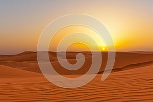 Desert. Dunset in desert. Desert in Dubai. Landscape of golden sand dune with blue sky in Sahara desert.