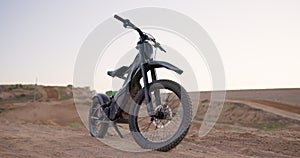 Desert, electric bike and transportation with extreme sports, challenge and endurance with training and nature