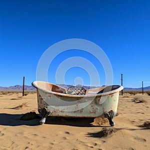 Desert Elegance: Distressed Bathtub Amidst the Arid Landscape