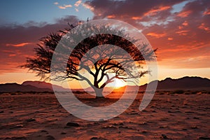 Desert embrace tree silhouette in vibrant sunset, sunrise and sunset wallpaper