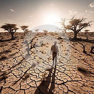 Desert Explorer Observes Drought-Ravaged Landscape at Sunset photo