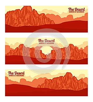 DESERT FLAT MODERN DESIGN BANNERS SET WITH SUNRISE SUNSET WITH PINE BACKGROUND