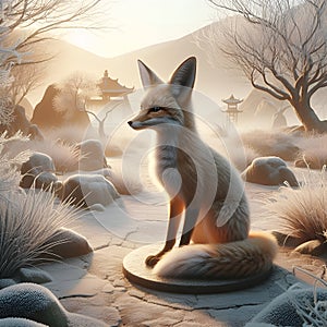 desert fox in a frosty zen garden