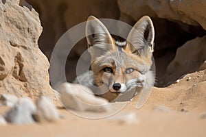 desert fox hiding amongst rocks and sand, keeping a watchful eye