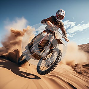 Desert freestyle Extreme motocross, daring jumps on sandy terrains prevail