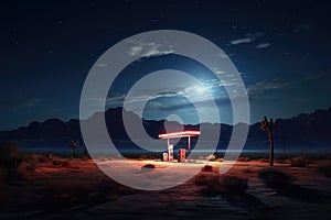 Desert Gas Station Under Moonlit Night Sky. Generative AI