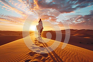 Desert illuminated by the setting sun, man riding a camel