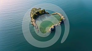 A desert island in the ocean. Top view of the island in the form of a heart